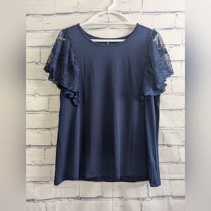 Adrienne Vittadini Navy Blue Blouse Lace Sleeve Top Women's Size XL